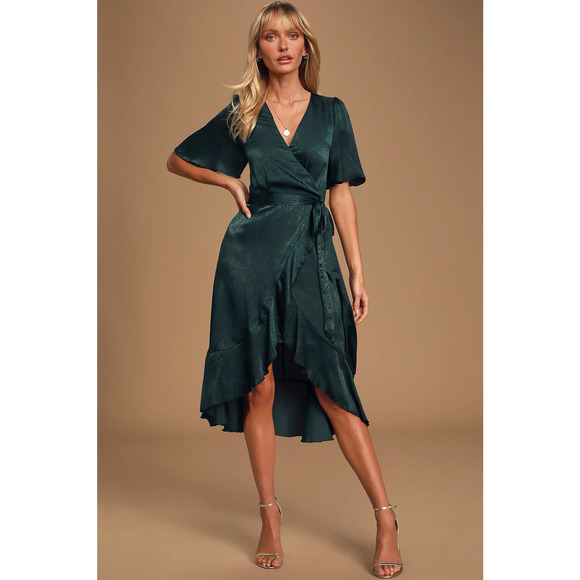 Lulus Wrapped Up In Love Emerald Green Satin Faux Wrap Dress Womens S - Picture 1 of 15
